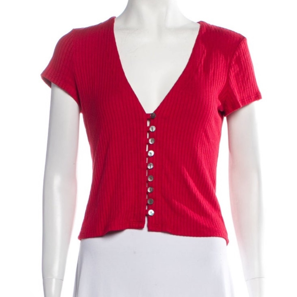 Reformation Nella Button front ribbed red knit top, size large